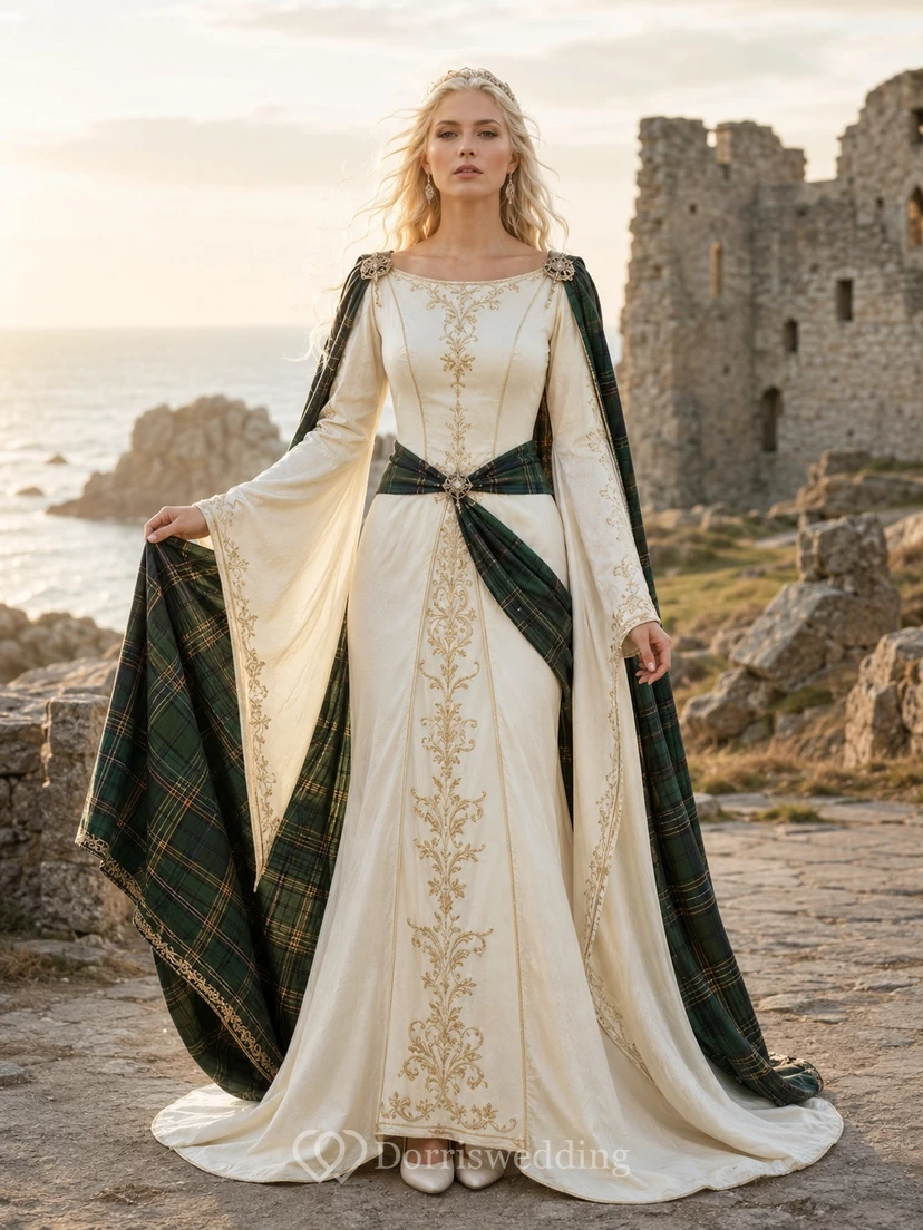 Mittelalterliches schottisches Tartan-Cape-Hochzeitskleid mit langen Glockenärmeln, eckigem Ausschnitt und Stickerei in A-Linie