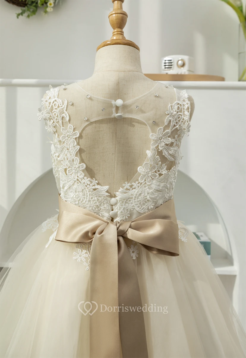 Lace Elegant Tulle A-line Champagne White Flowergirl Dress view 7