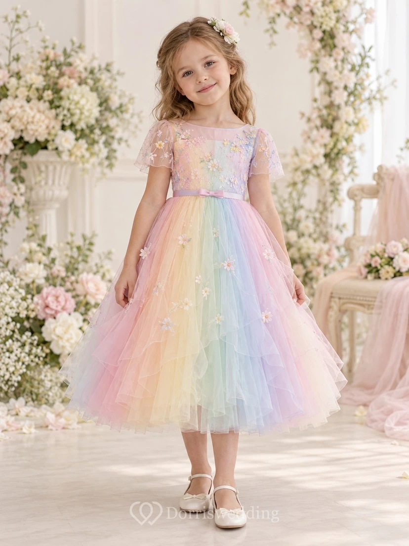 Tea-length Pastel Rainbow Floral Embroidered Tulle Flower Girl Dress