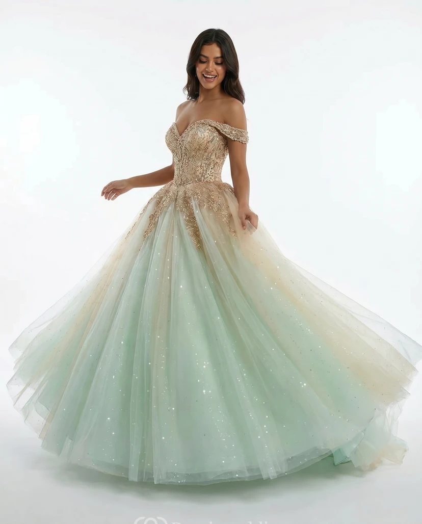 Mintgrünes und goldenes schulterfreies Glitzer-Tüll-Quinceañera-Ballkleid