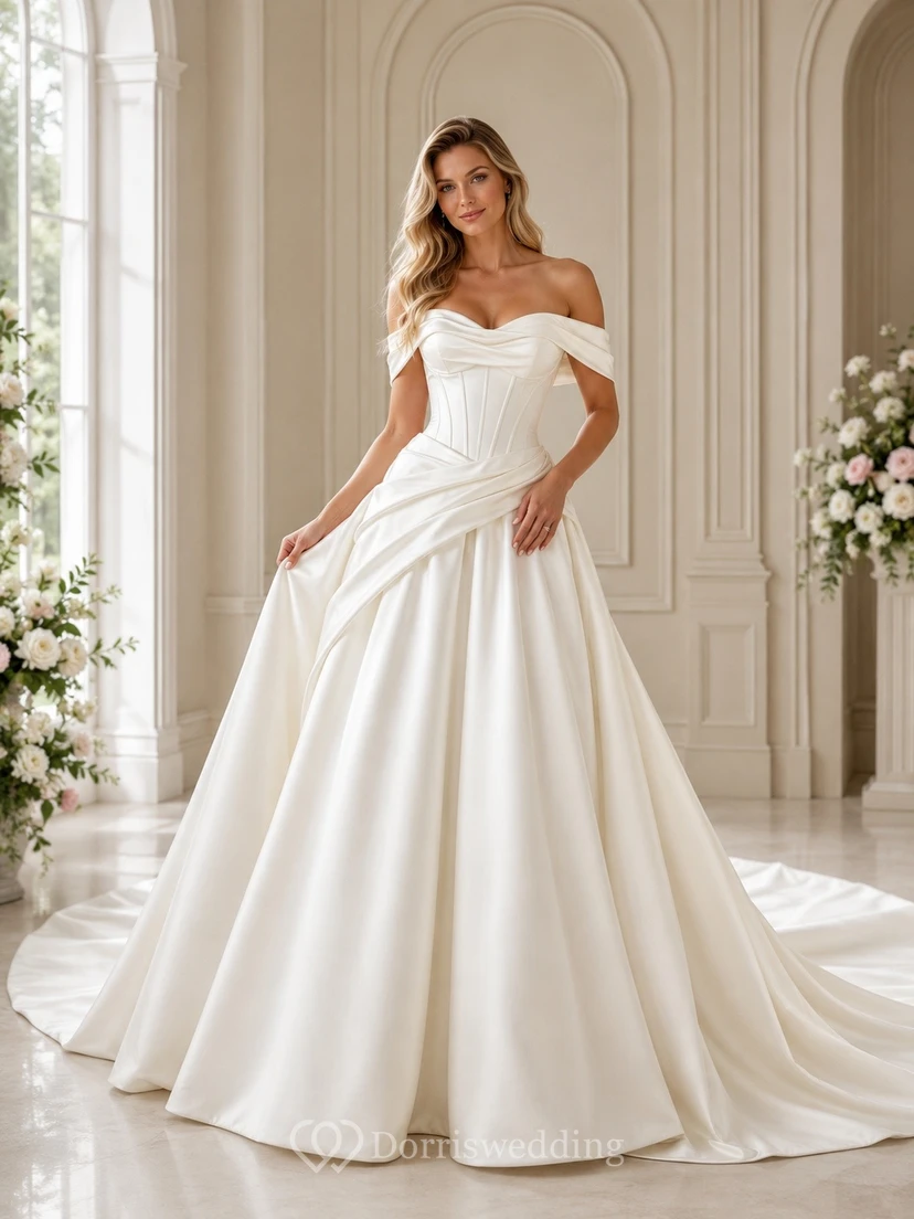 Vestido de novia de gala de satén con escote de hombros descubiertos y cintura tipo vasca drapeada