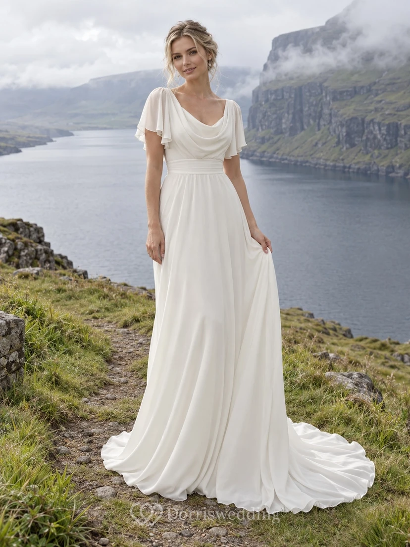 Vestido de novia sencillo de gasa con escote drapeado, mangas con volantes, corte en A, cinturilla y cola.