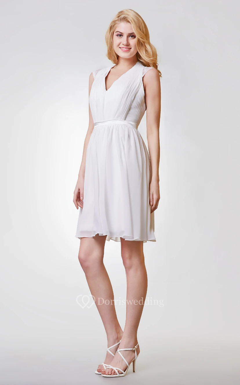 V-neck Appliqued A-line Short Chiffon Dress With Keyhole and Ruching view 2