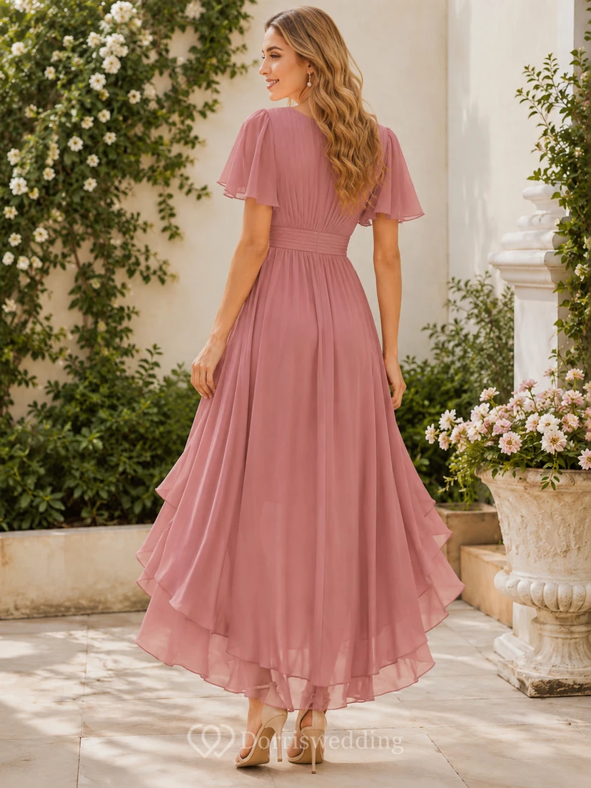 Rose Cascade A-Line High-Low V-Neck Short-Sleeve Chiffon Romantic Bridesmaid Dress view 2