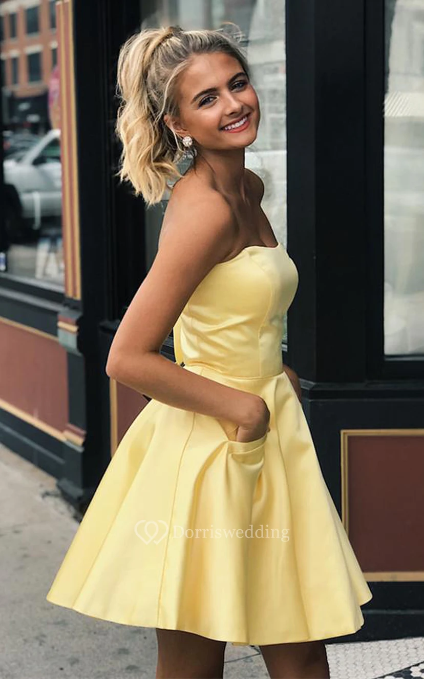 Satin A Line Backless Sleeveless with Pockets and Ruching Homecoming Dress view 2