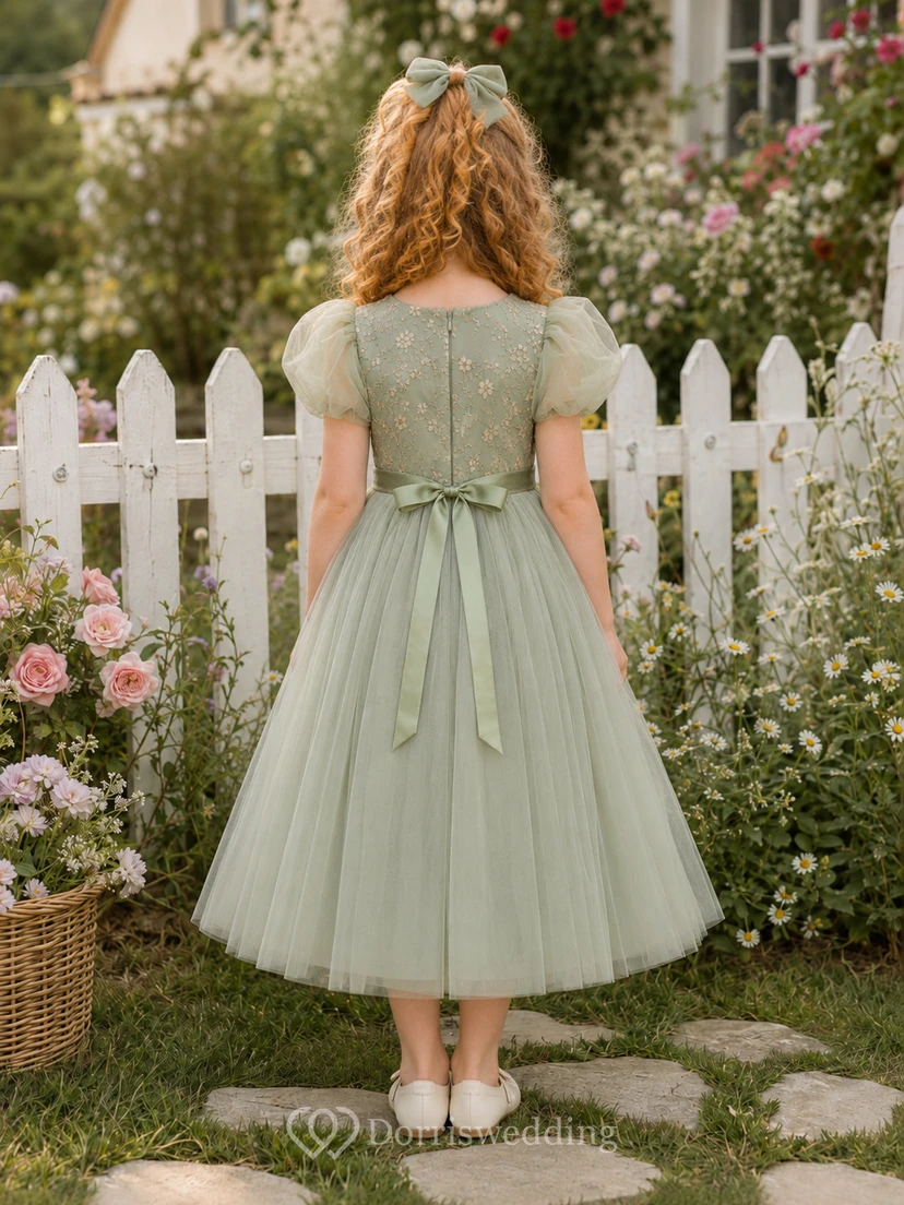 Sage Puff Sleeve Floral Tulle Country Flower Girl Garden Tea-Length Dress view 2
