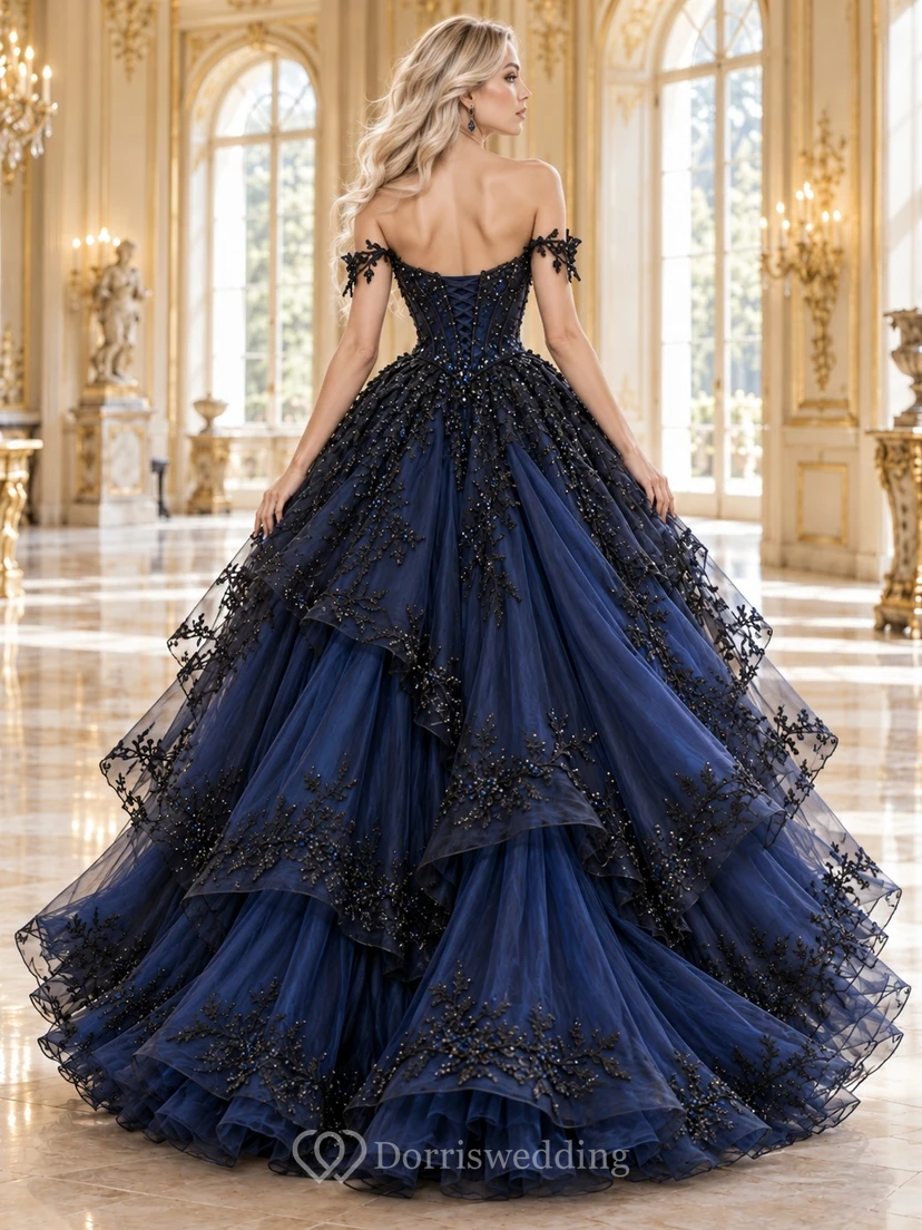Robe de bal gothique bleu marine foncé à épaules dénudées en tulle fleuri à épaules dénudées view 2