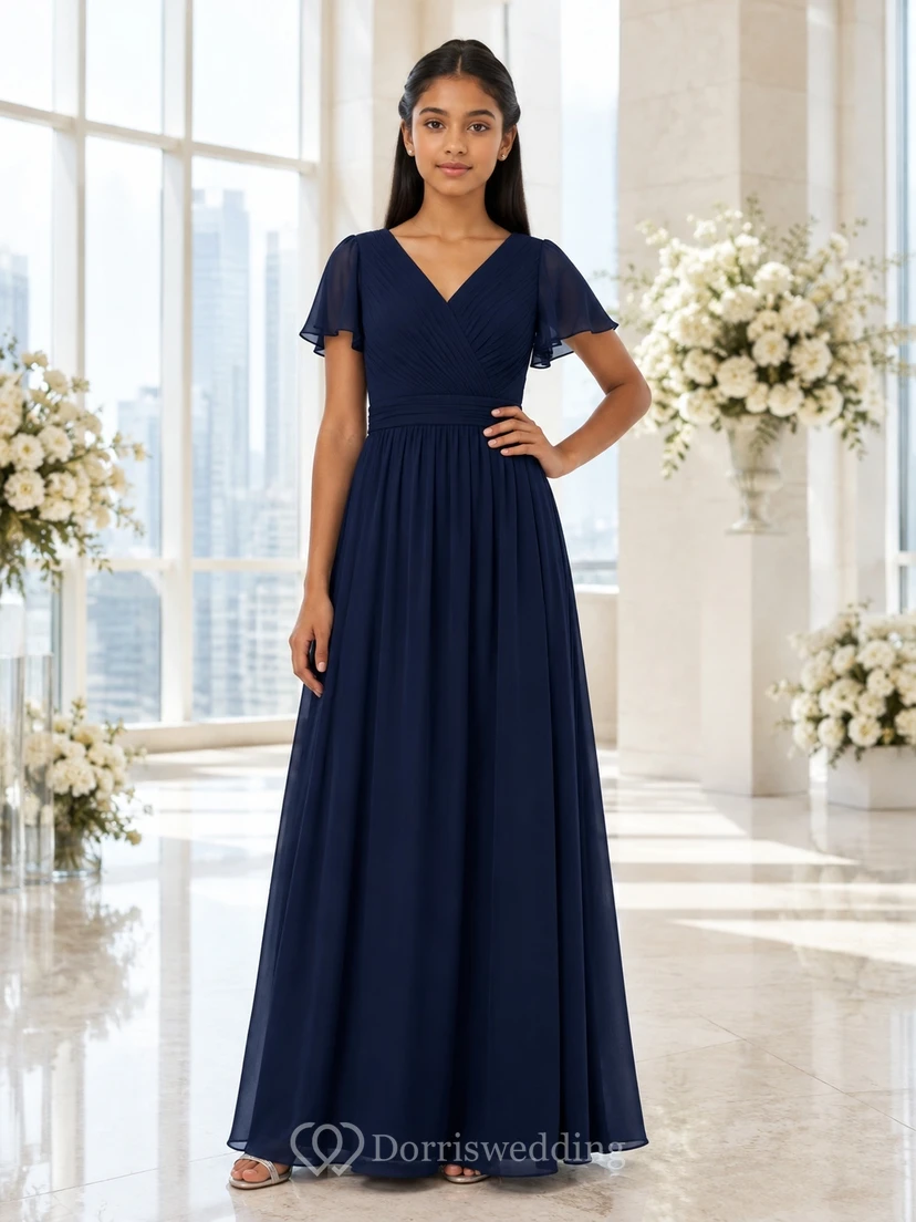 Dark Navy Junior Bridesmaid Dress A-Line V-neck Short Petal Sleeve Pleated Detail Modern
