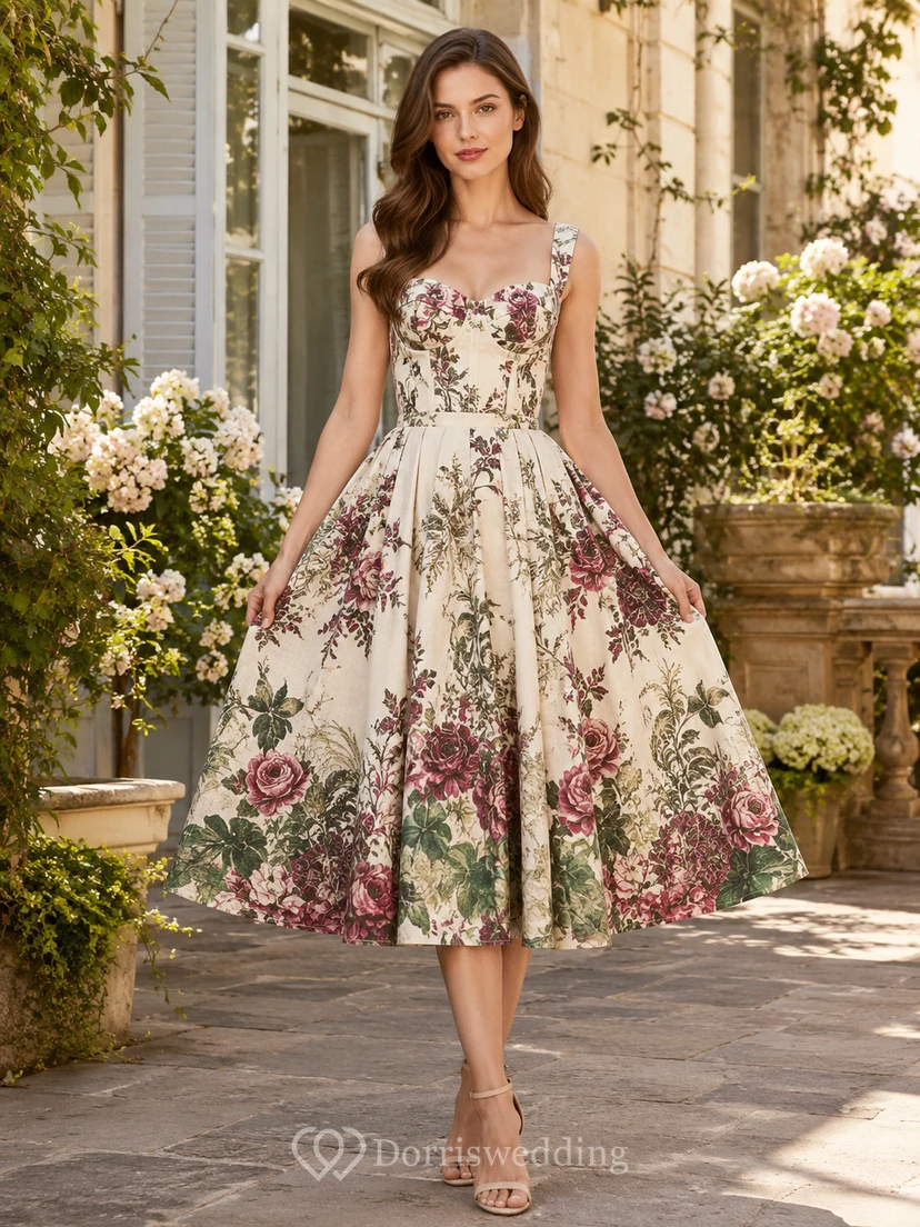 Robe trapèze fleurie mi-longue à col carré, idéale pour une garden-party