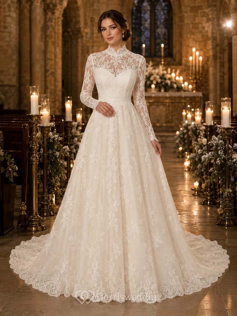 Elegantes, hochgeschlossenes A-Linien-Hochzeitskleid mit Spitzenärmeln für den Winter