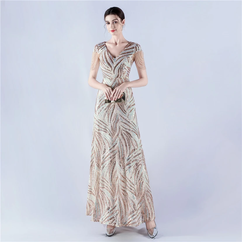 A-Line Big Swing Dress Skirt Encrypted Sequined Craft Beaded Evening Dress view 50