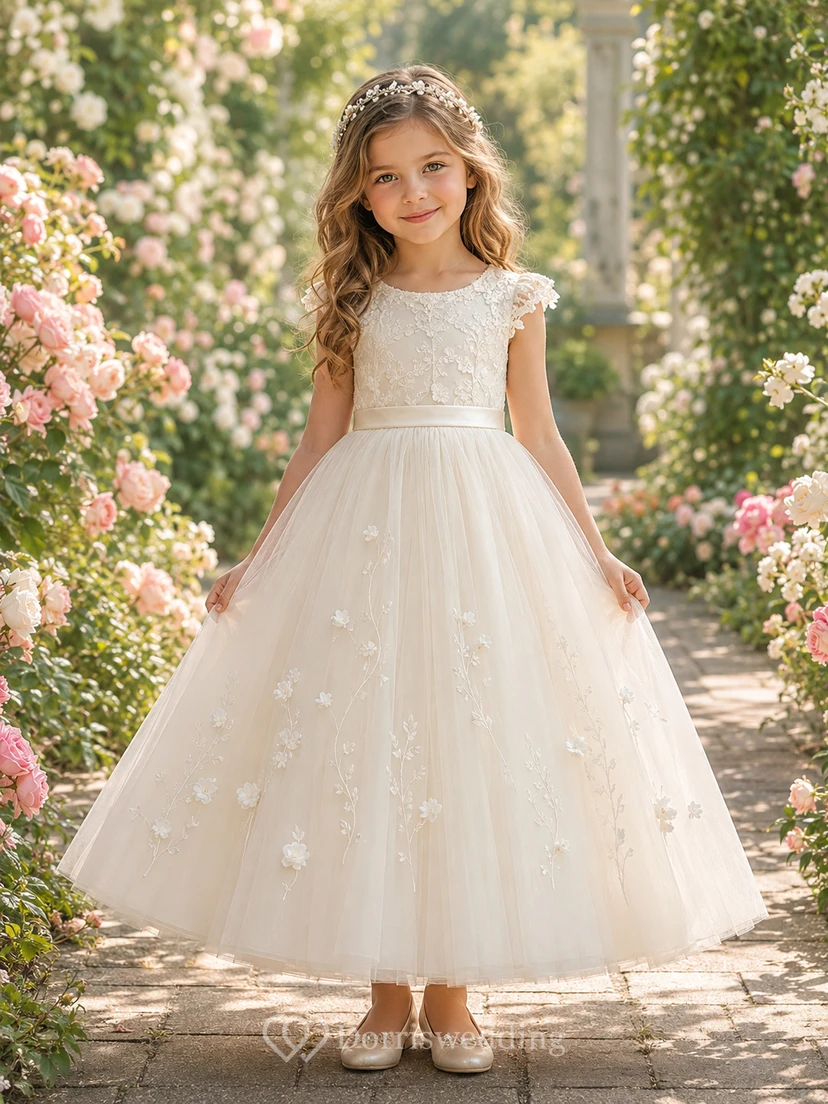 Blumenmädchenkleid aus elfenbeinfarbener Spitze und Tüll, A-Linie, kurze Ärmel, Rundhalsausschnitt, Teelänge, Schleife am Rücken