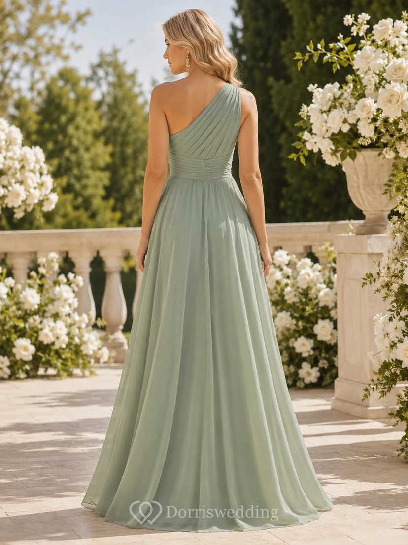 Robe de demoiselle d'honneur élégante en mousseline de soie Celadon Promenade, coupe trapèze, longueur au sol, une épaule, sans manches, robe longue en forme de A. view 2