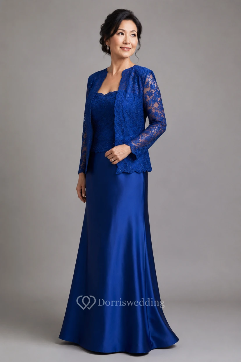 Robe de mère de la mariée violette en dentelle, manches longues, longueur au sol, avec veste view 8