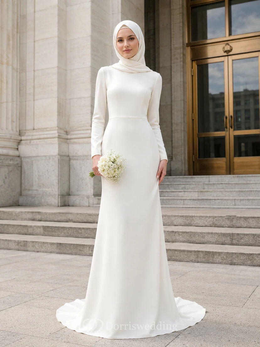Modest Muslim Minimalist Long Sleeve Crepe Sheath Wedding Dress