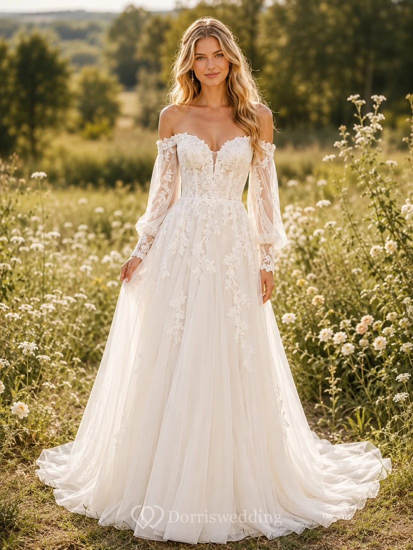 Robe de mariée en dentelle à épaules dénudées, manches bouffantes, dos nu en V plongeant, décolleté en V.