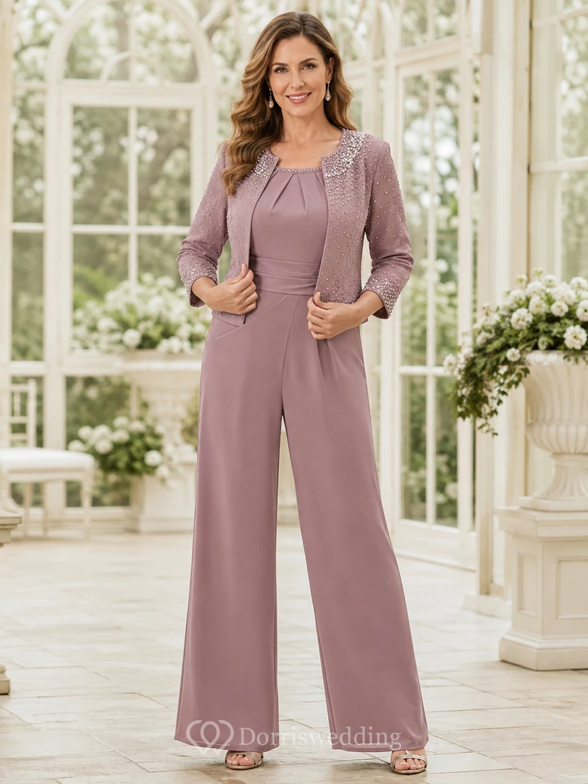 Mauve Mother Pantsuit with Pleated Bodice, Chiffon Jacket and Wide Leg Pants