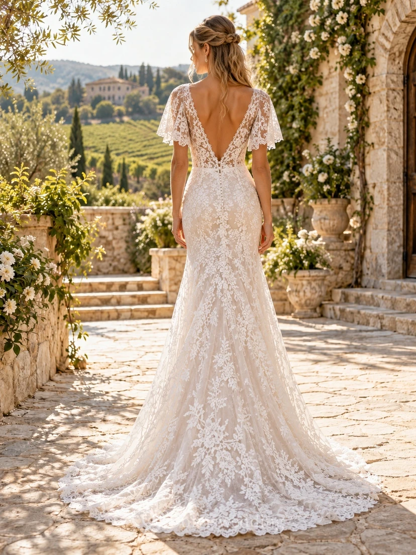 Boho V-Neck Flutter Sleeve Floral Lace Mermaid Wedding Dress view 2