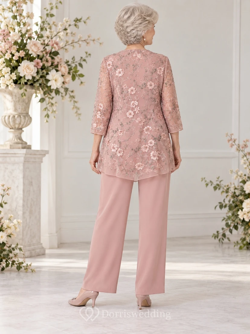 Modest Dusty Rose Floral Lace Jacket Wide Leg Mother Pantsuit view 2