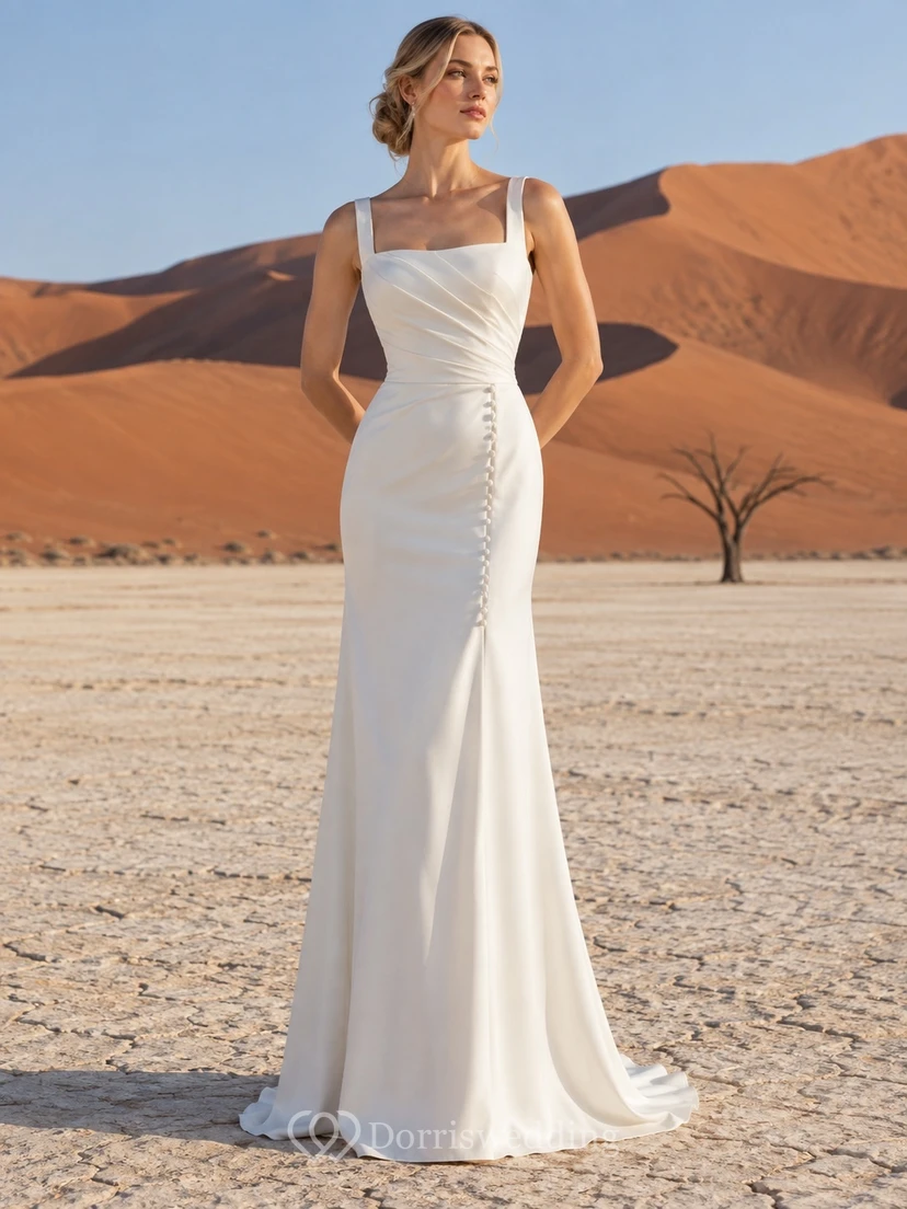 Vestido de novia sencillo de satén sin mangas con escote cuadrado, tirantes anchos, botones en la espalda y cola larga.