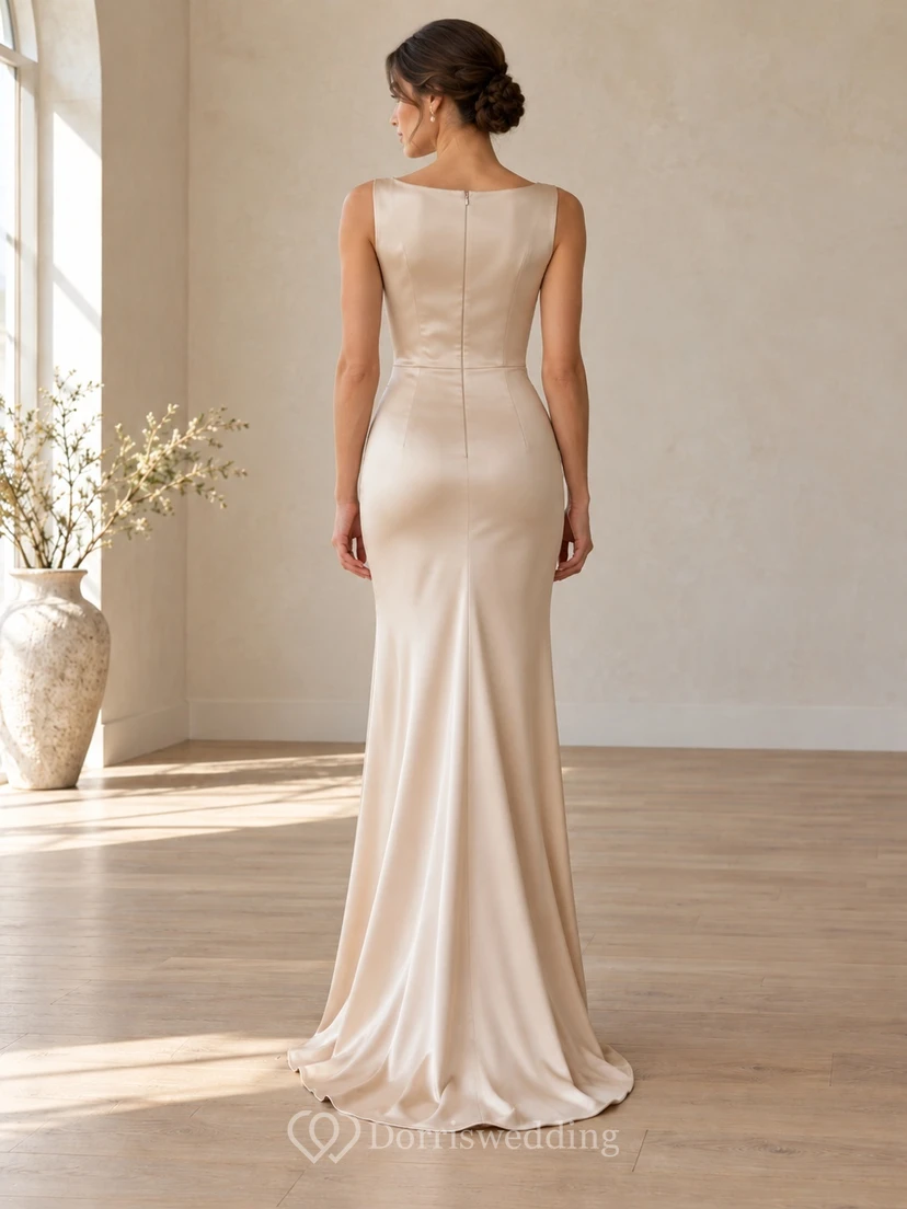 Simple Champagne Boat Neck Satin Sleeveless Fitted Formal Evening Gown view 2