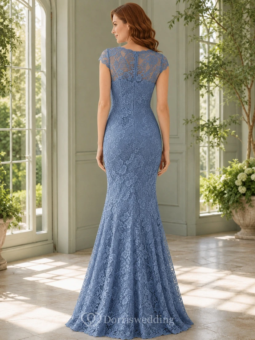 Slate Blue Scoop Neck Short Sleeve Lace Mermaid Sweep Train Formal Gown view 2
