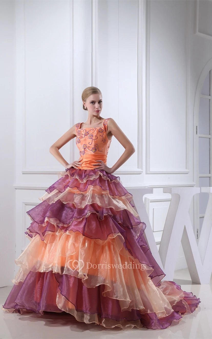 Mute-Color Square-Neck Tiers and Ball-Gown With Appliques view 4