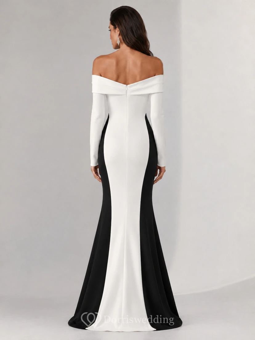 Robe de soirée sirène en satin, épaules dénudées, manches longues et empiècements color block, longueur au sol view 2