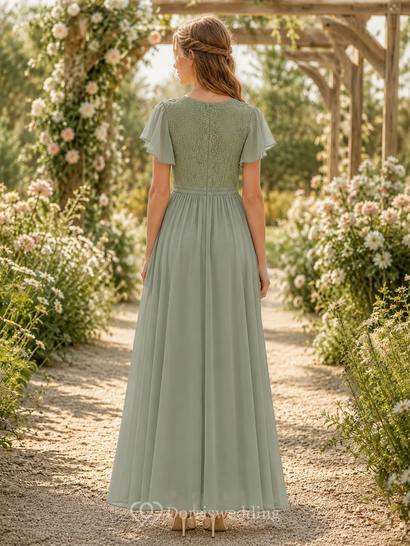 Mintgrünes Brautjungfernkleid im A-Linien-Stil mit kurzen, juwelenbesetzten Ärmeln und Spitzendetails im Boho-Stil view 2