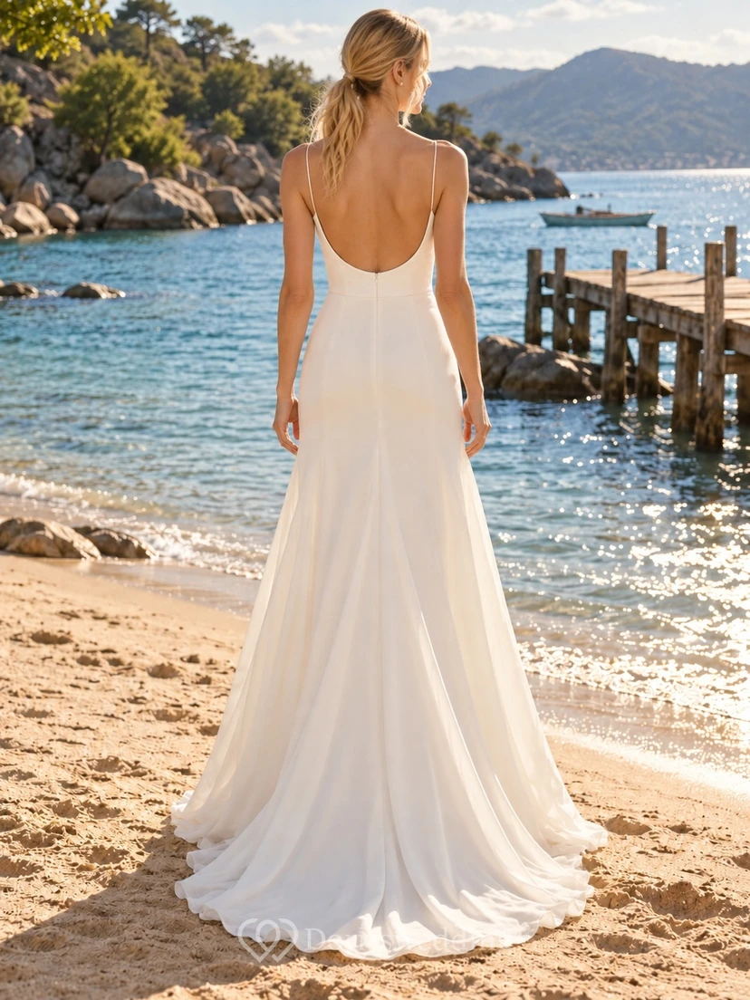 Vestido de novia sencillo de gasa con escote drapeado, tirantes finos y espalda descubierta. view 2
