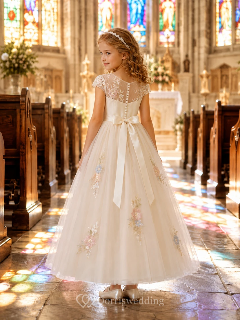 Flower Girl Dress A-Line Cream Floral Tulle Puff Sleeve Church Ceremony view 2