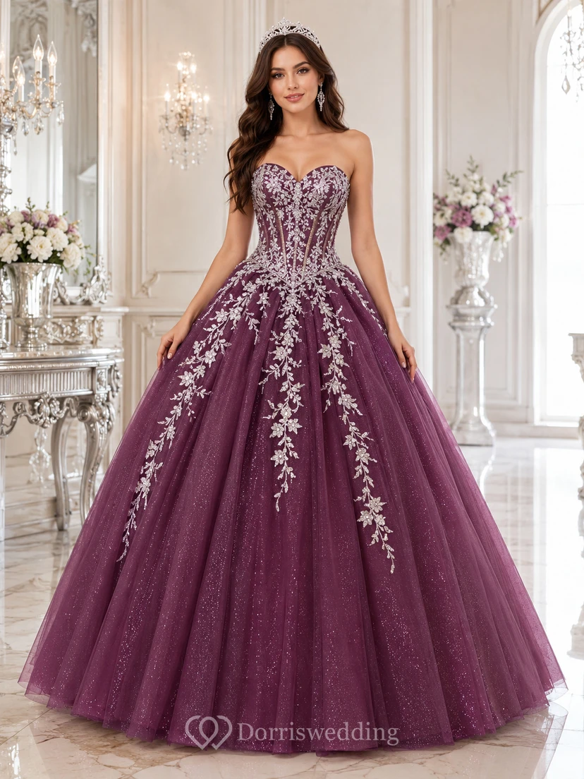 Plum Silver Luxury Strapless Sweetheart Glitter Sweet Sixteen Princess Formal Ball Gown