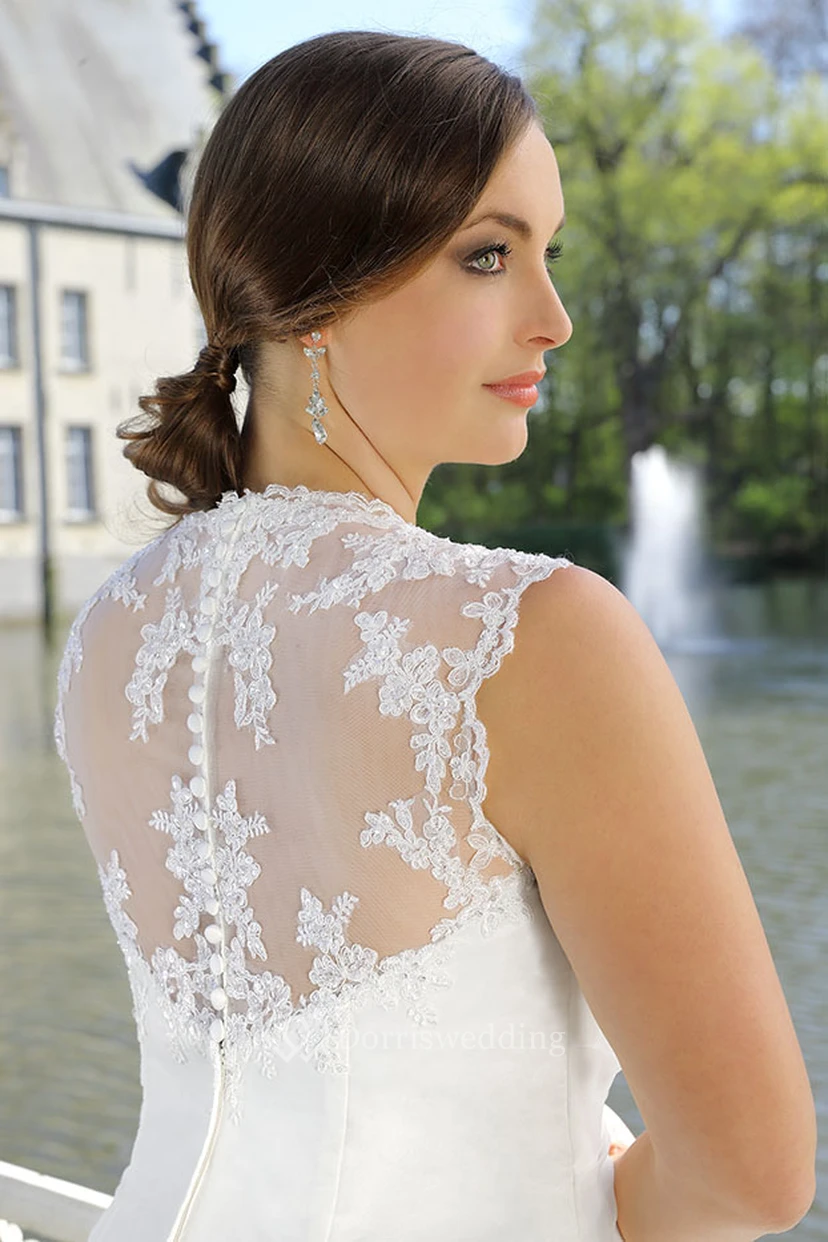 A-Line Floor-Length Queen Anne Sleeveless Satin Illusion Lace Dress view 2