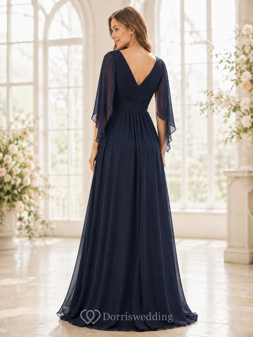 Elegant Dark Navy V-neck Long Sleeve Floor-length Chiffon A-line Formal Dress view 2