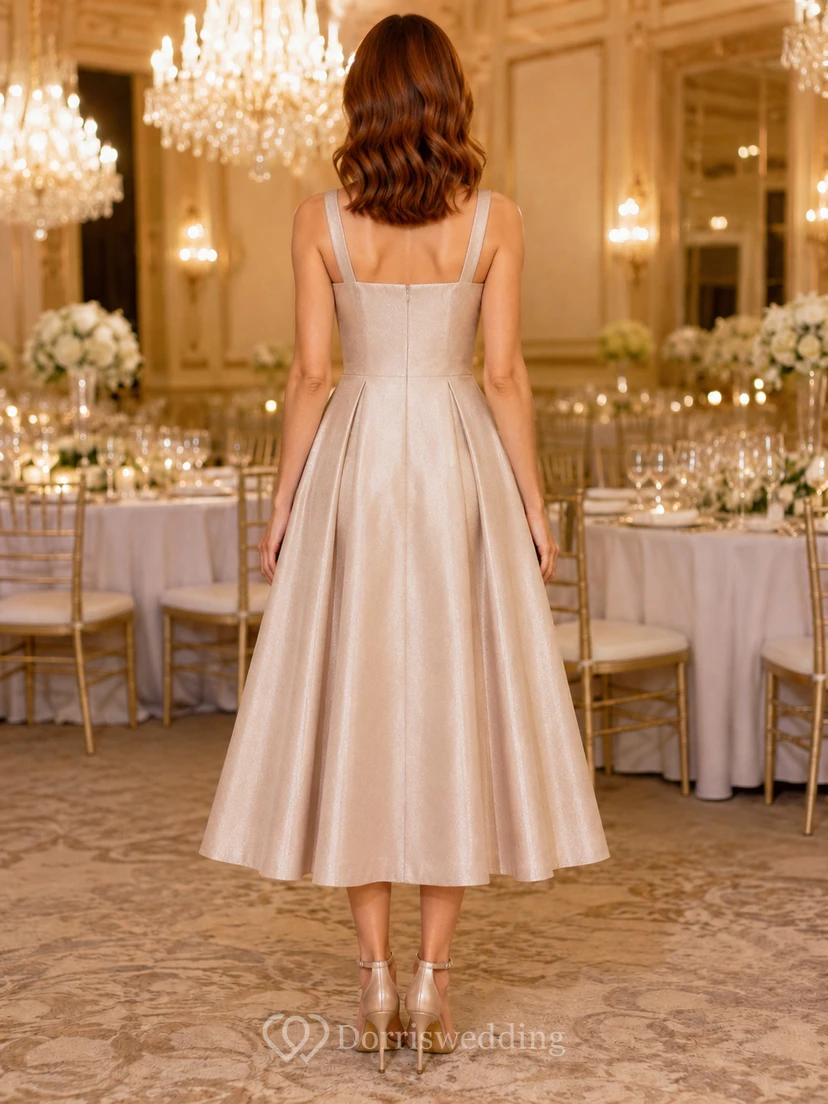 Vestido de gala de satén color champán con tirantes finos y escote cuadrado, corte en A, ideal para entrega de premios. view 2