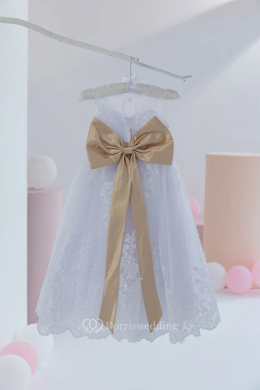 Scoop-neck Lavender Applique Tulle Flowergirl Dress with Bow view 2