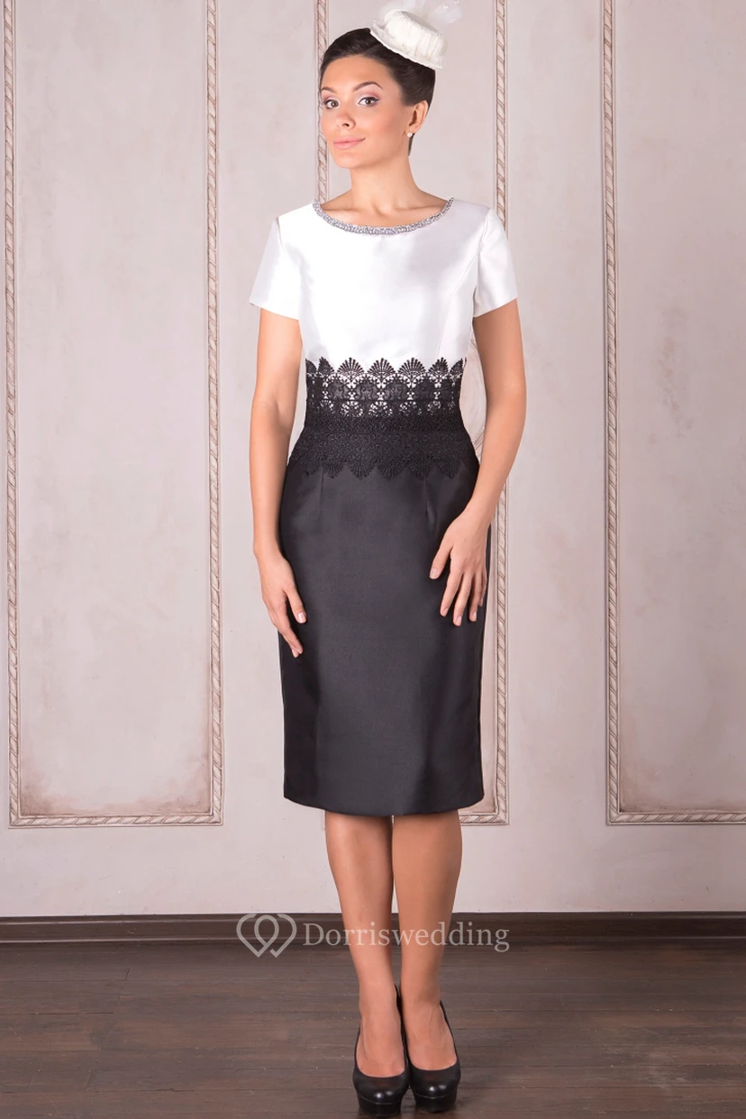 Knee-Length Pencil Appliqued Short Sleeve Scoop Neck Satin Mother Of The Bride Dress