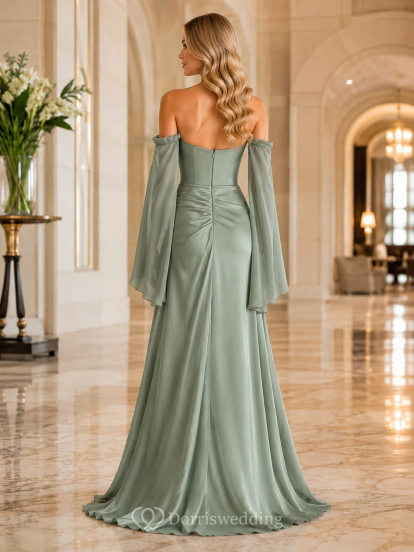 Sage Off Shoulder Satin Detachable Sleeve Slit Gown view 2