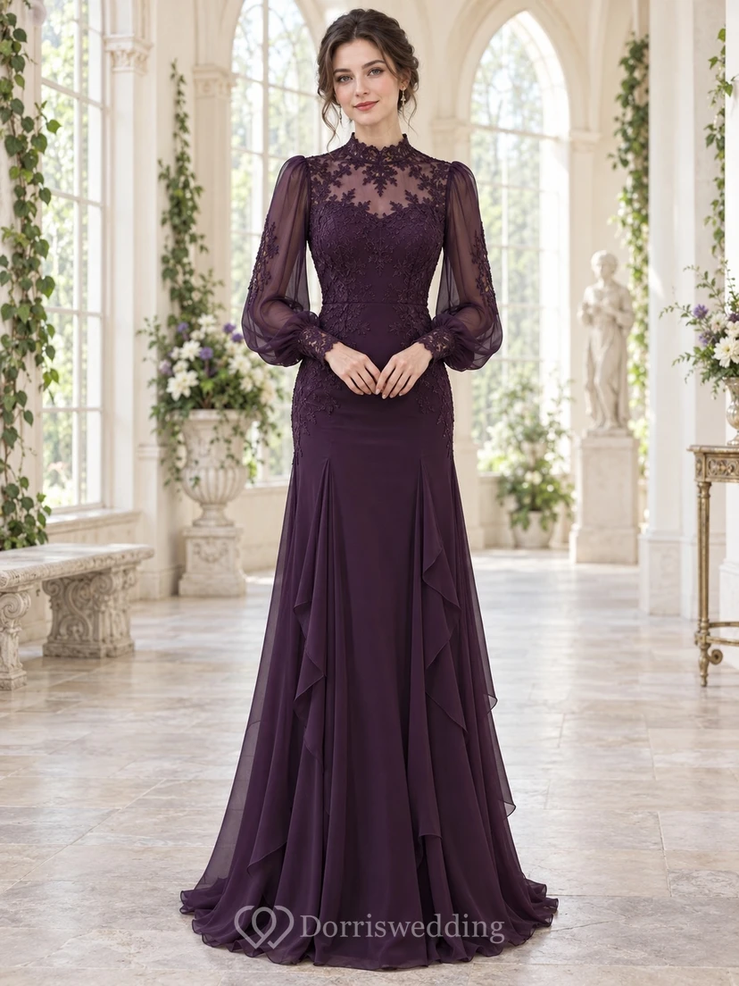Vestido de dama de honor ajustado de gasa con encaje gótico, cuello alto y manga larga, color morado oscuro.