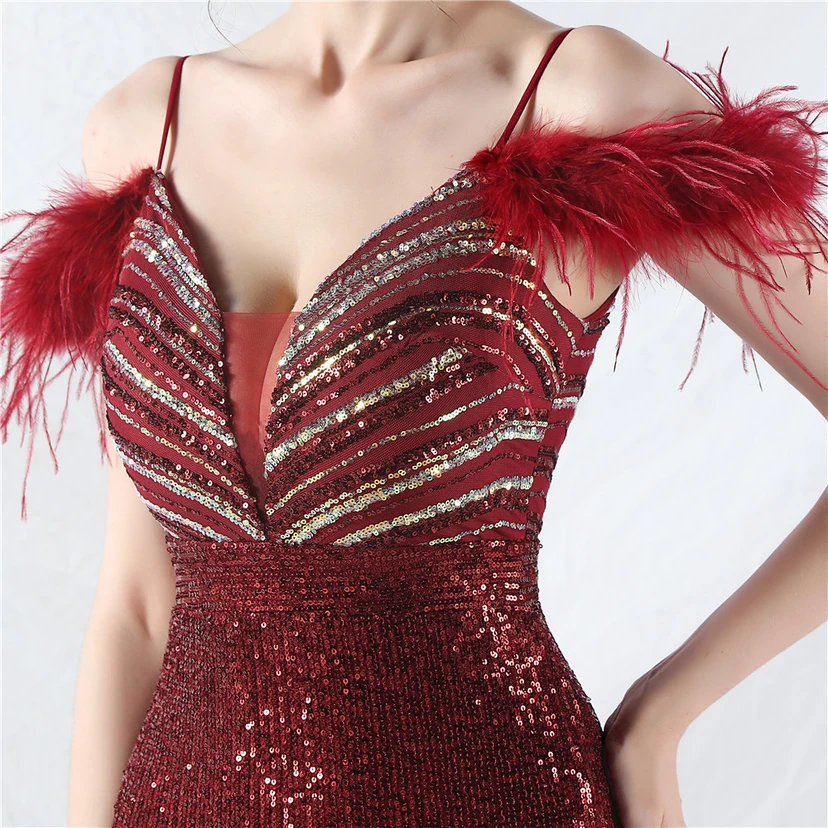 Elegantes Abendkleid mit Straußenfedern und Perlen, sexy, lang, mit Trägern und Schlitz view 48