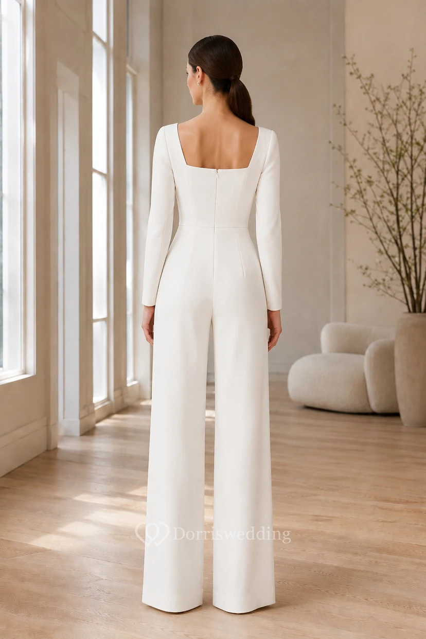 Weißer Satin-Jumpsuit mit eckigem Ausschnitt und langen Ärmeln für Hochzeiten view 2