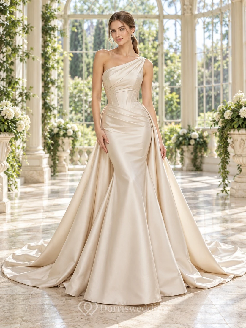 One Shoulder Champagne Sculpted Waist Satin Full Train Reception Bridal Gown