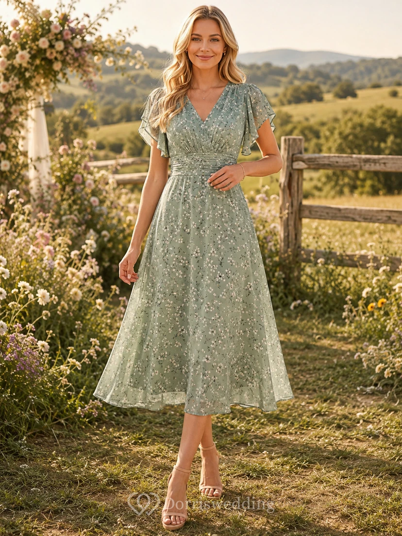 Country Sage Lace V-Neck A-Line Tea-Length Short Sleeve Wedding Guest Dress
