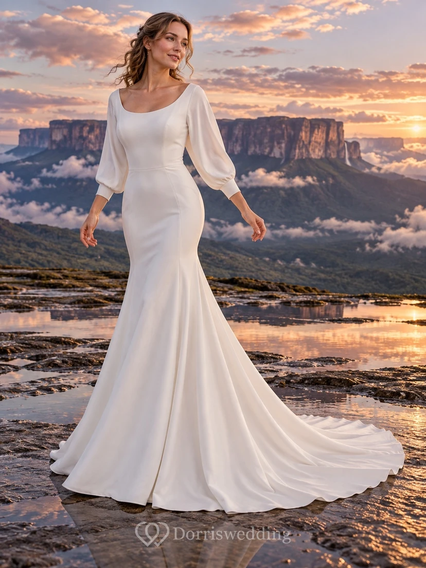 Meerjungfrauen-Brautkleid aus Crêpe mit U-Boot-Ausschnitt, Dreiviertelärmeln und Schleppe