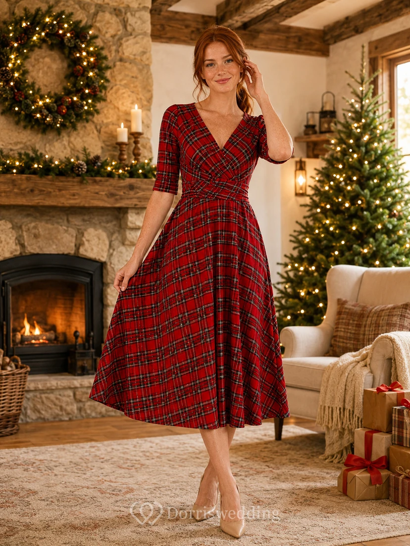 Red Plaid V Neck Wrap Midi Christmas Photo Dress