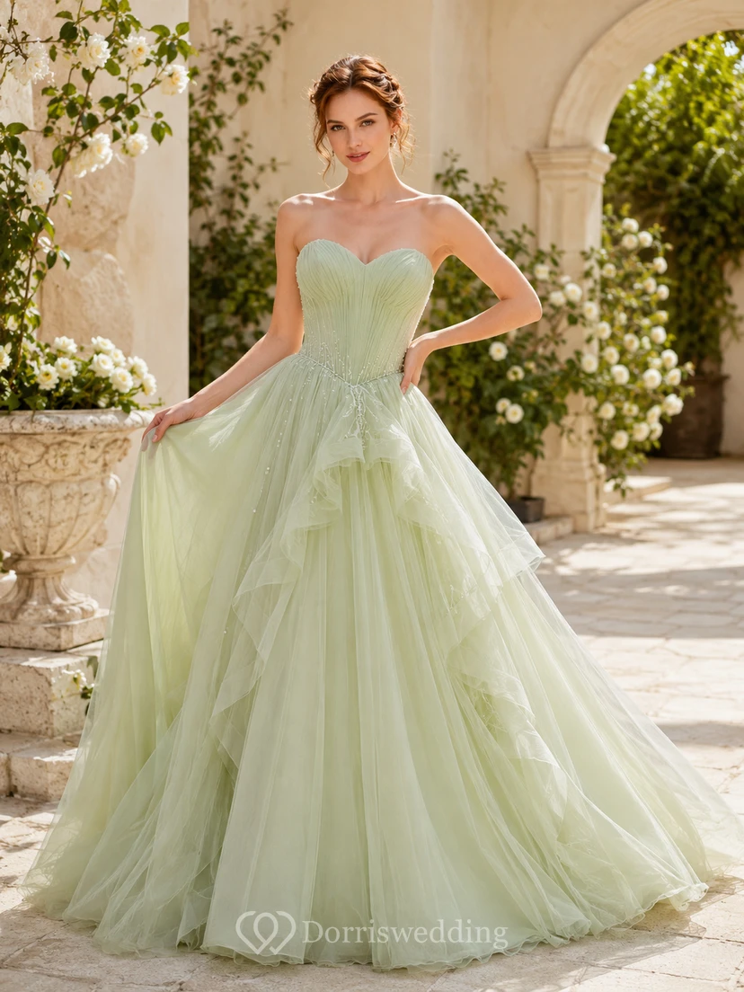 Robe de bal bustier en tulle à volants couleur sauge, décolleté cœur, robe de mariée de style chapelle