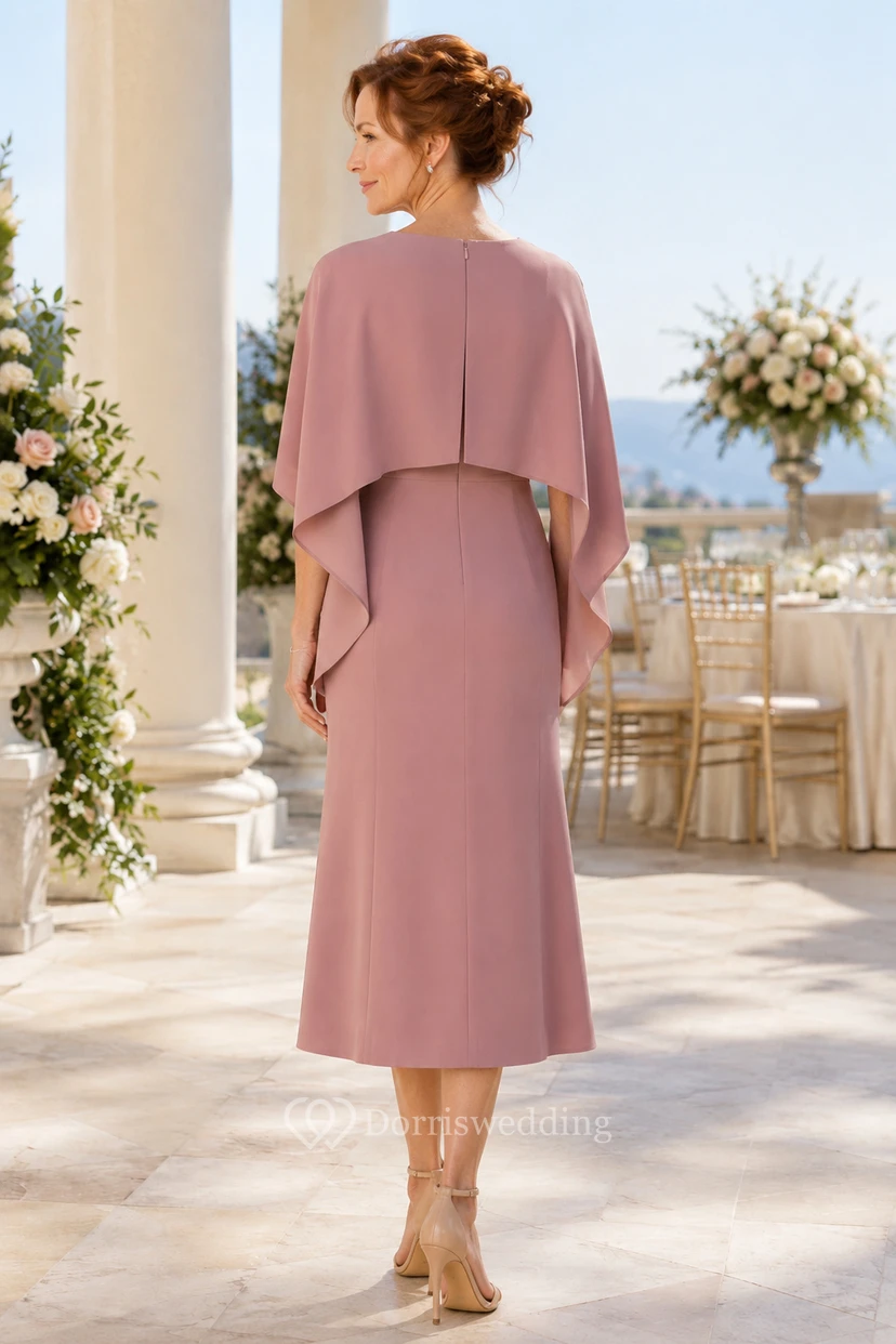 MOB-Kleid aus altrosafarbenem Chiffon-Jersey, Etuikleid, lange Ärmel, U-Boot-Ausschnitt, knielang, Cape-Ärmel-Detail view 2