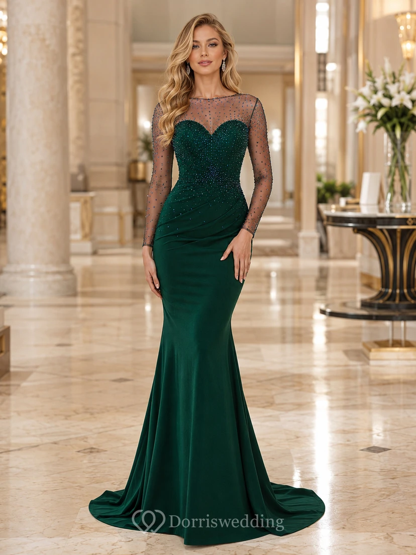 Dark Green Illusion Sleeve Mermaid Evening Dress