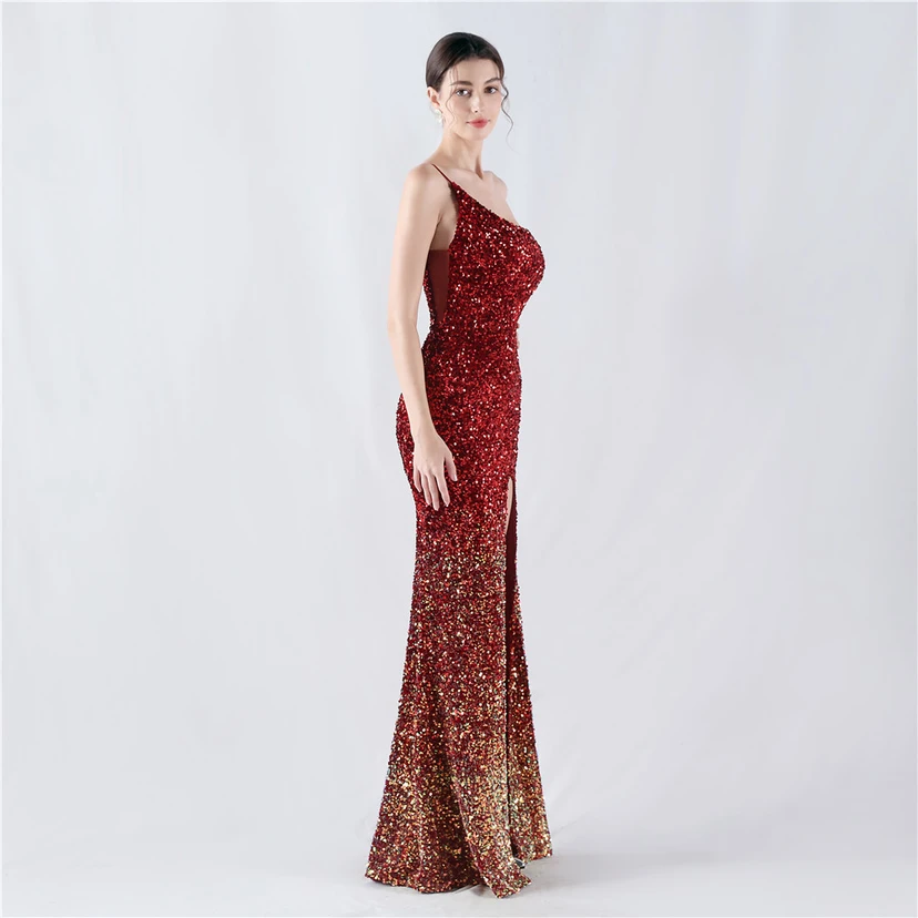Sexy Abendkleid mit Samtsaum, Farbverlauf, Pailletten, hohem Schlitz und schräger Schulterpartie view 24