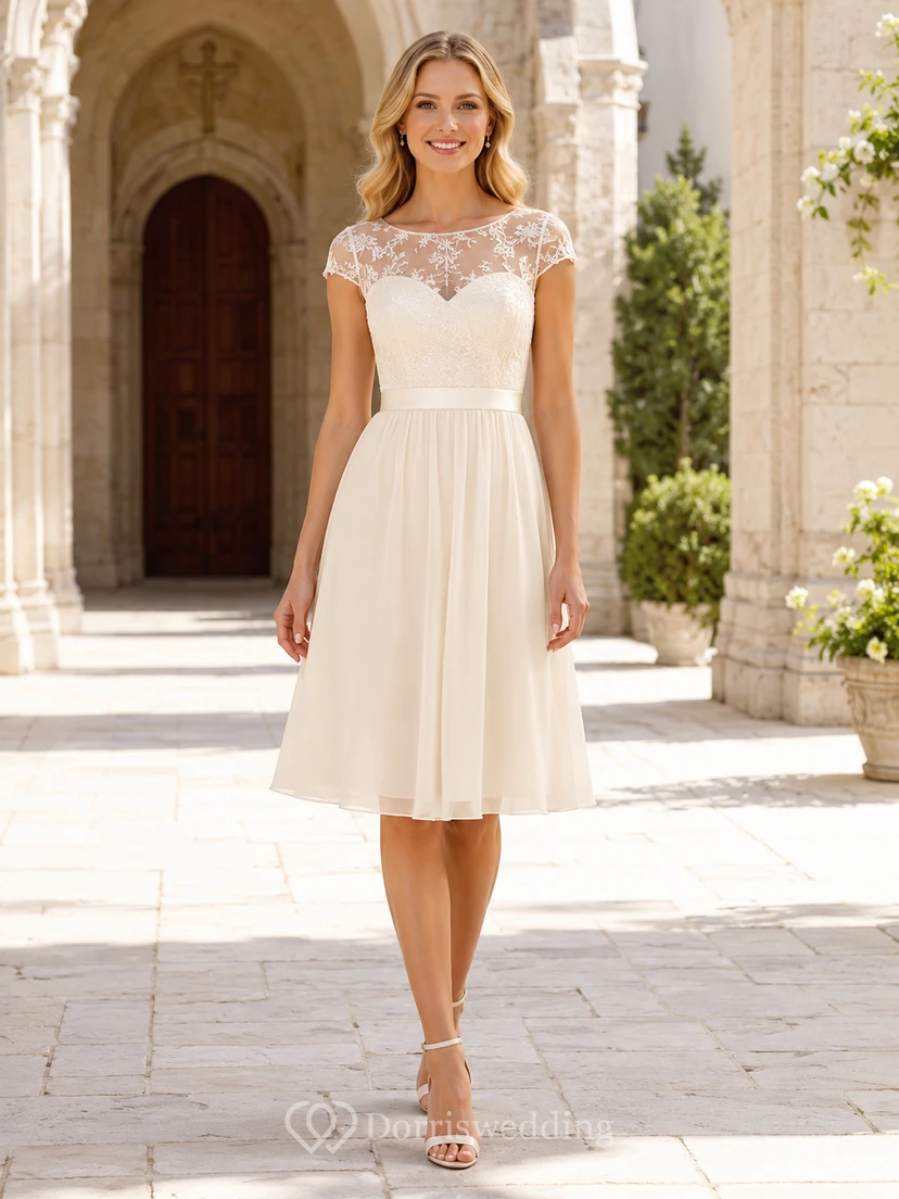 Robe ivoire modeste à col bateau, manches illusion, dentelle et mousseline, coupe trapèze, longueur genou.